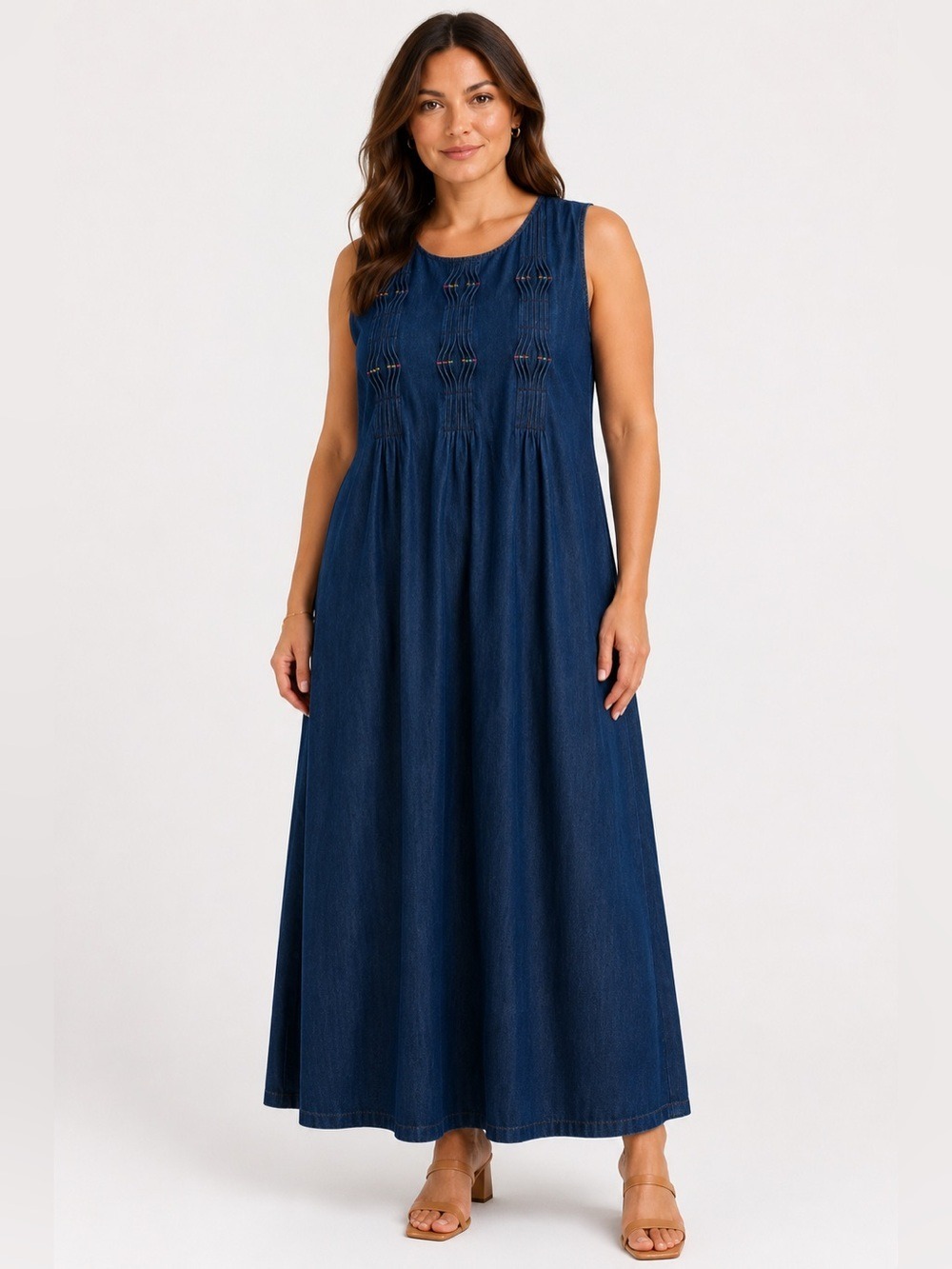 Vintage Denim Maxi Dress 100% Cotton Pintuck Embroidered Boho Cottagecore 14